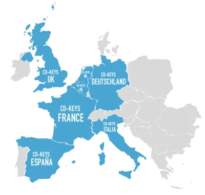 Kaart van Europa met markering van landen waar CD-Keys actief is: Nederland, België, Duitsland, Frankrijk, Italië, Spanje en het Verenigd Koninkrijk.